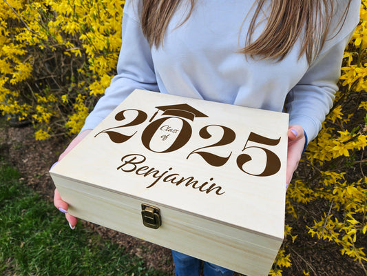 Engraved Wooden Memory Box: Graduation Keepsake Gift, Personalized Graduation Box – Any Year