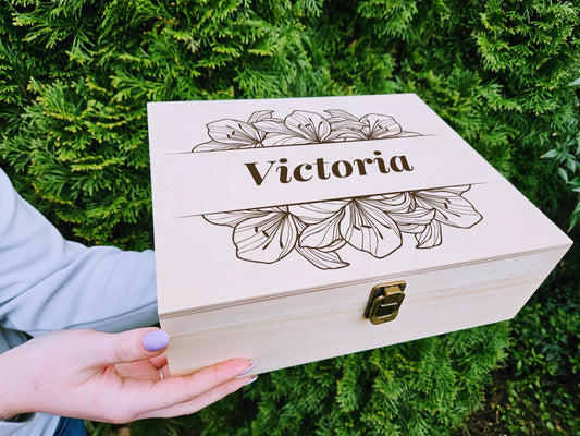 Engraved Wooden Keepsake Box: Floral Memory Box