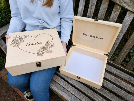 Personalized Floral Wooden Keepsake Box, Engraved Rose Heart Memory Box
