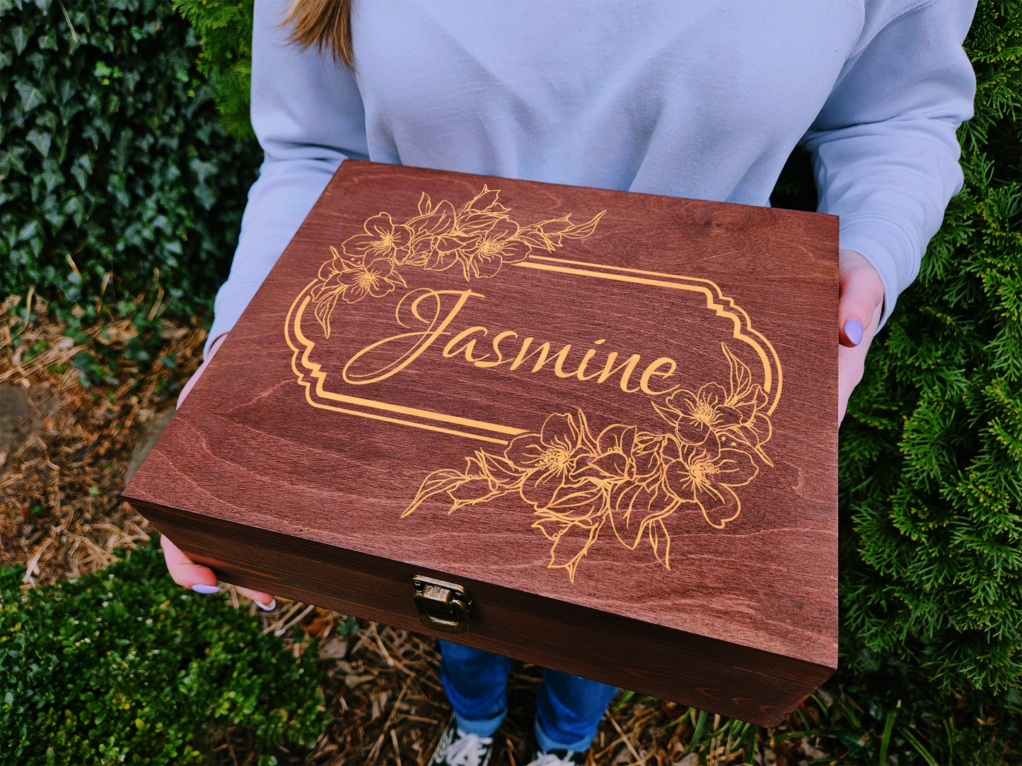 Personalized Jasmine Floral Wooden Keepsake Box, Engraved Memory Box