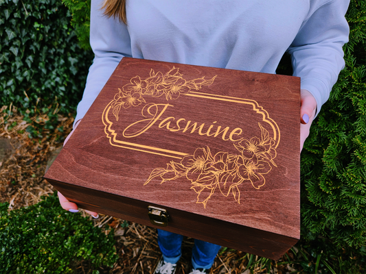 Personalized Jasmine Floral Wooden Keepsake Box, Engraved Memory Box