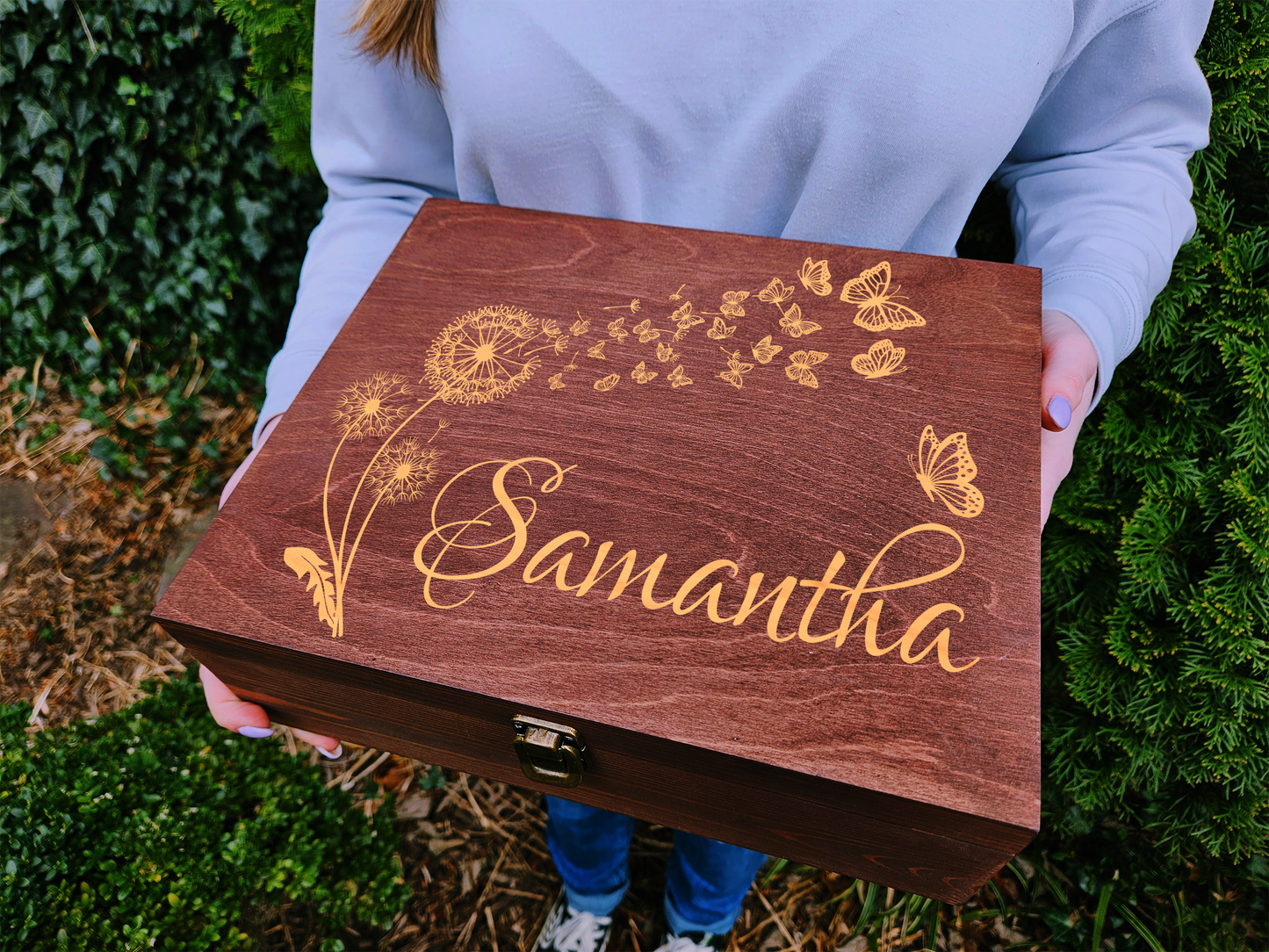 Engraved Wooden Keepsake Box, Dandelion & Butterflies Memory Box