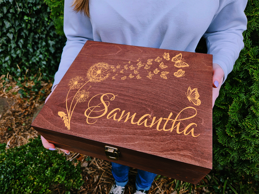Engraved Wooden Keepsake Box, Dandelion & Butterflies Memory Box