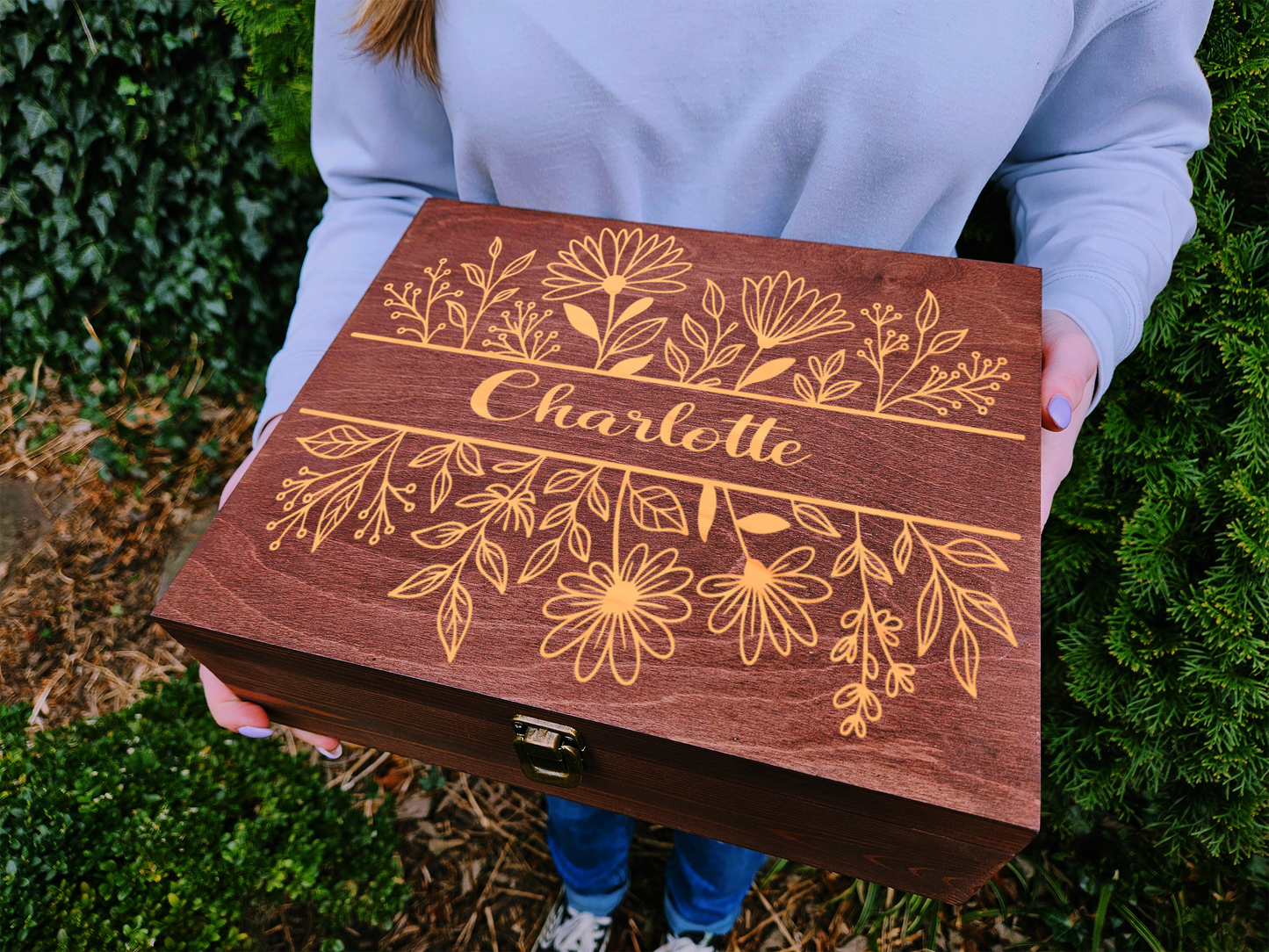 Personalized Floral Engraved Wooden Keepsake Box, Custom Name Gift