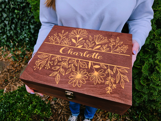 Personalized Floral Engraved Wooden Keepsake Box, Custom Name Gift