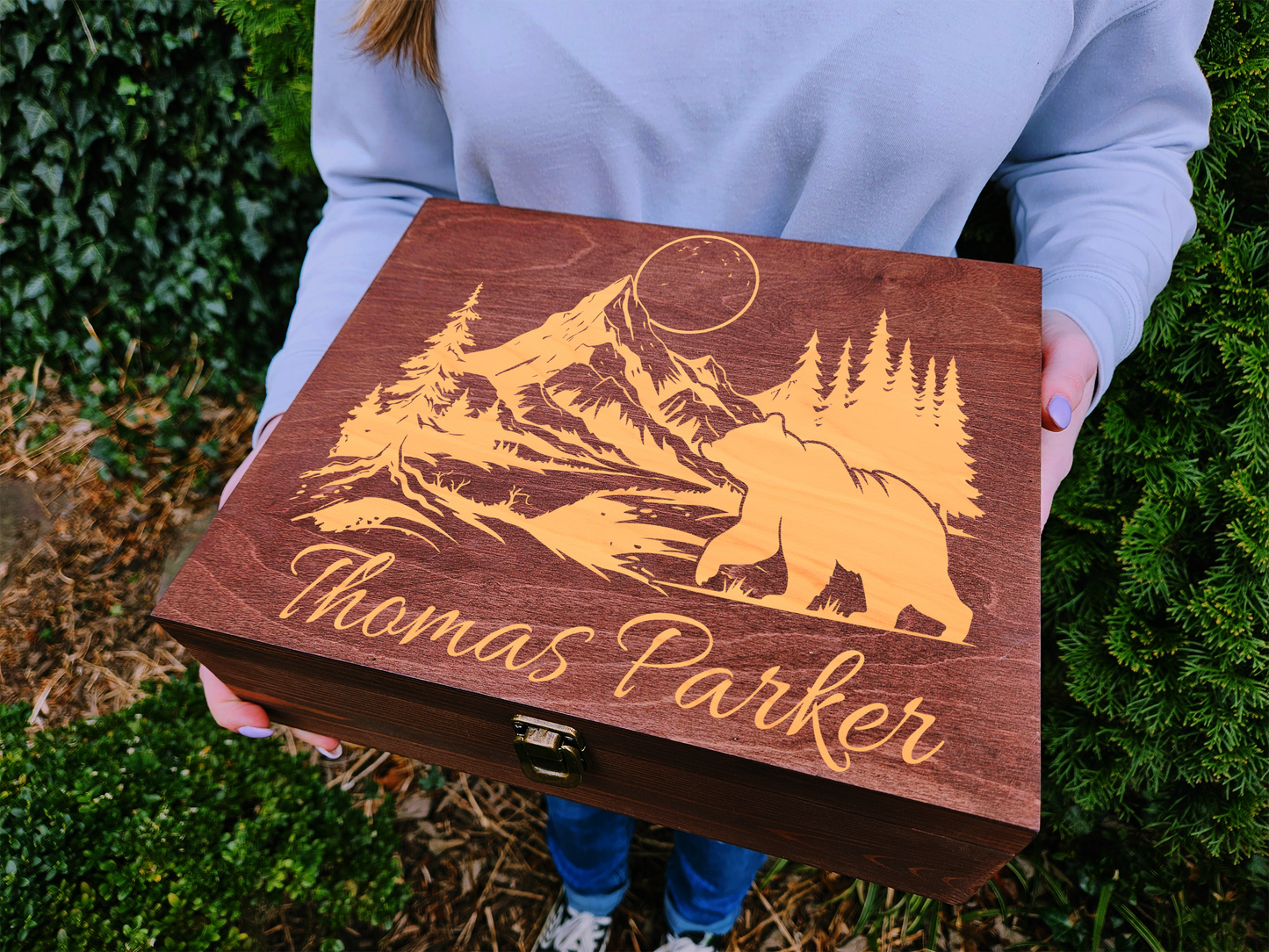 Engraved Wooden Memory Box: Mountain Bear Keepsake