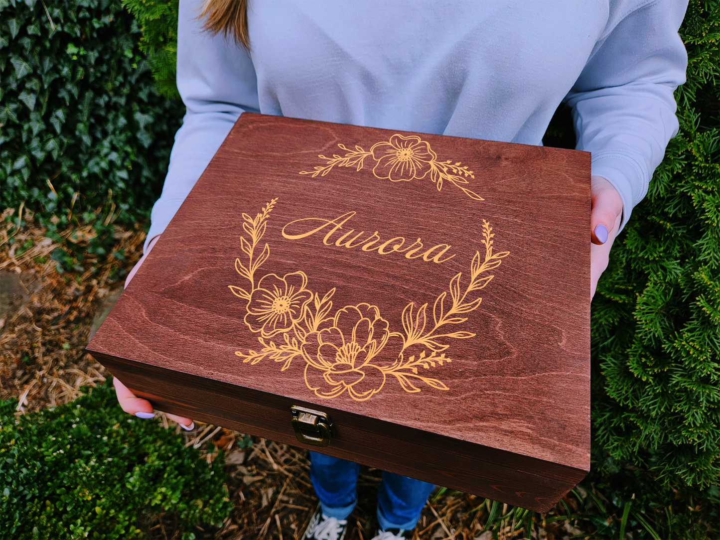 Personalized Floral Engraved Wooden Keepsake Box - Custom Memory Box