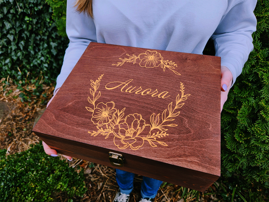Personalized Floral Engraved Wooden Keepsake Box - Custom Memory Box