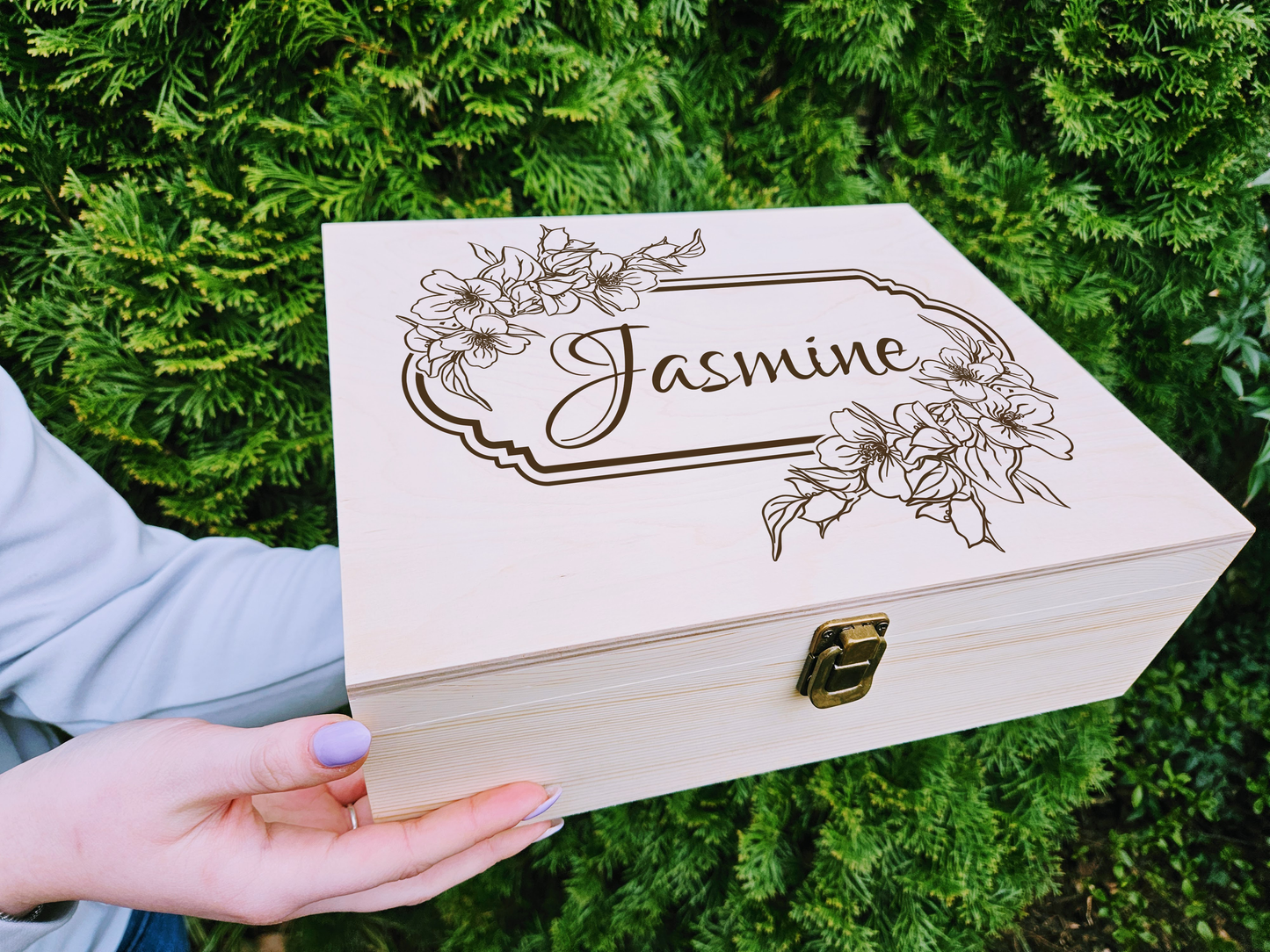 Personalized Jasmine Floral Wooden Keepsake Box, Engraved Memory Box