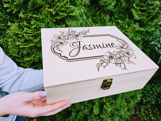 Personalized Jasmine Floral Wooden Keepsake Box, Engraved Memory Box