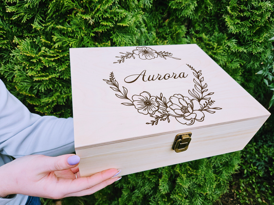 Personalized Floral Engraved Wooden Keepsake Box - Custom Memory Box
