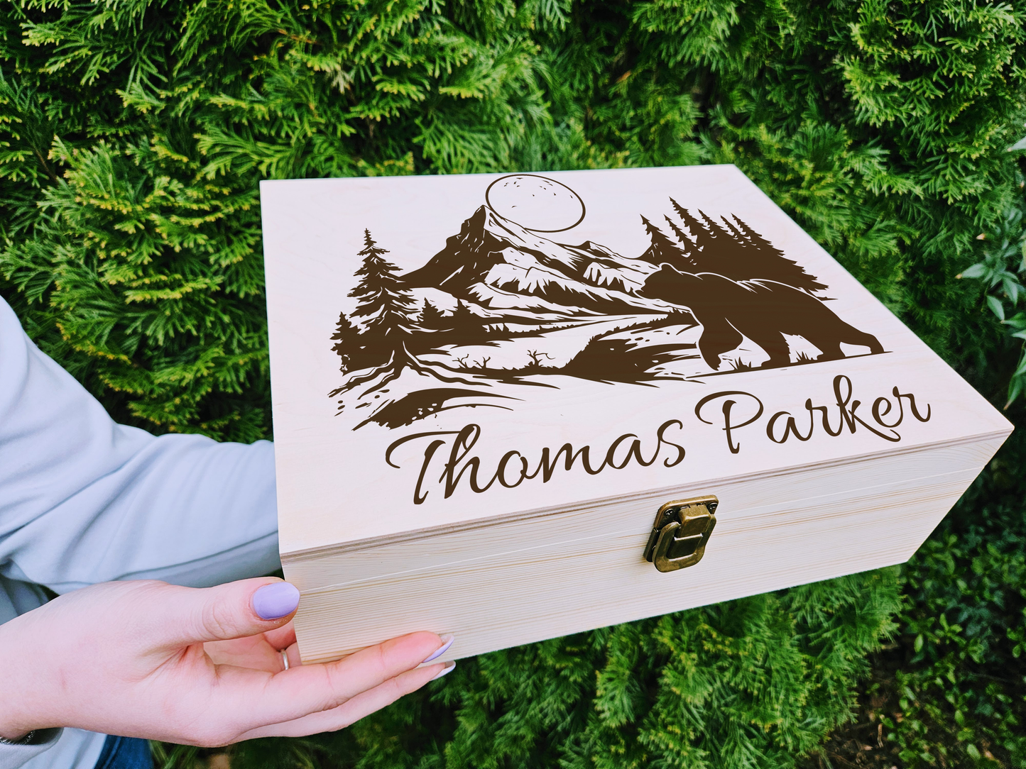 Engraved Wooden Memory Box: Mountain Bear Keepsake