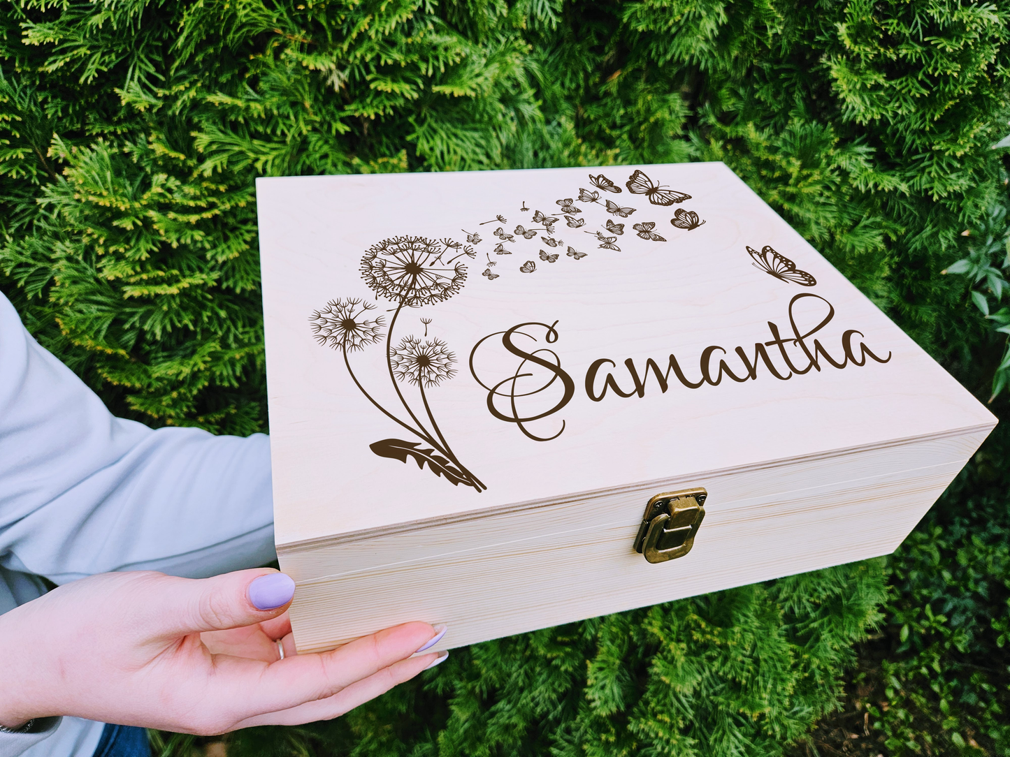 Engraved Wooden Keepsake Box, Dandelion & Butterflies Memory Box