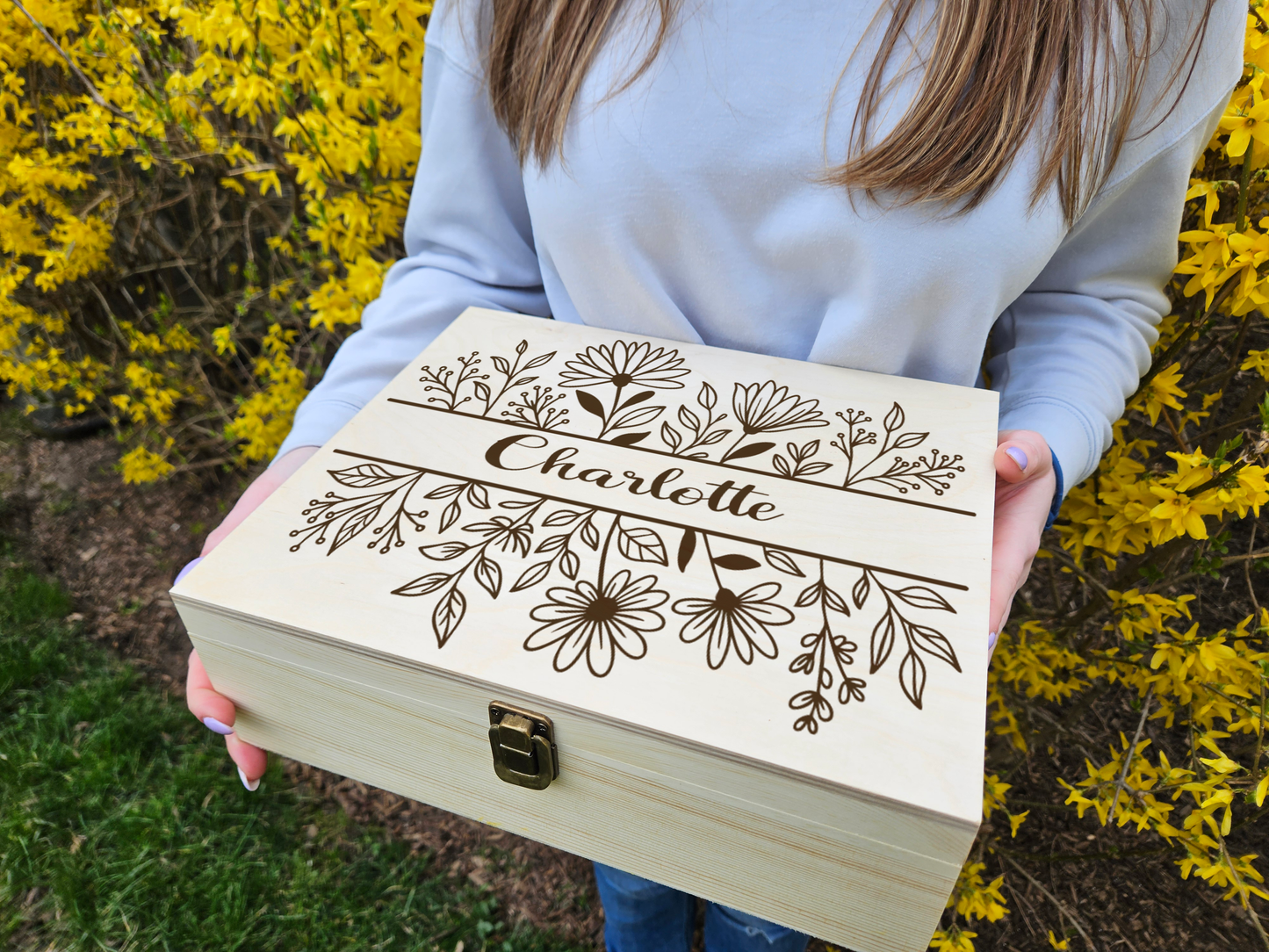 Personalized Floral Engraved Wooden Keepsake Box, Custom Name Gift