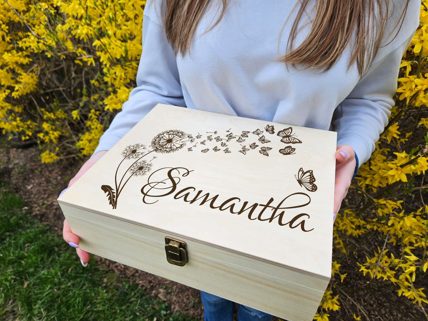 Engraved Wooden Keepsake Box, Dandelion & Butterflies Memory Box