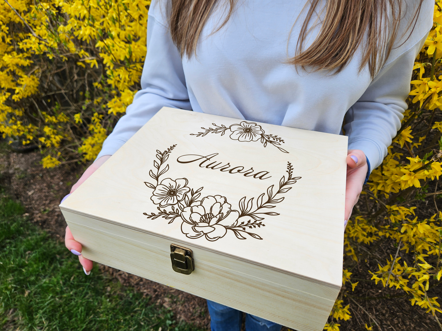Personalized Floral Engraved Wooden Keepsake Box - Custom Memory Box