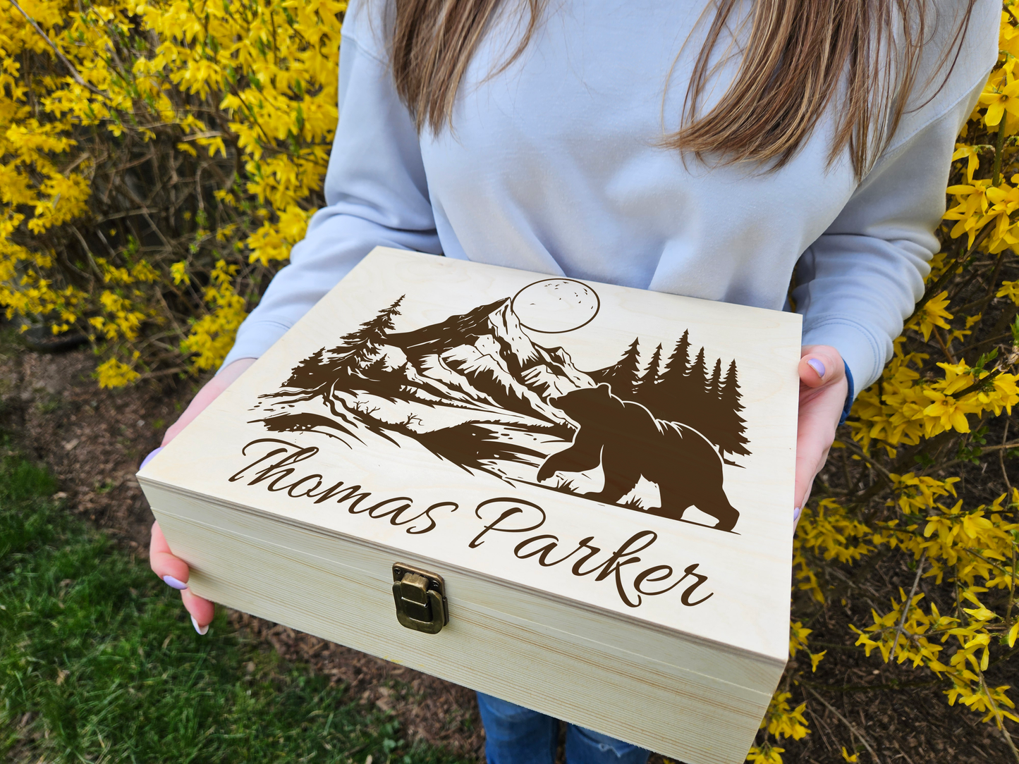 Engraved Wooden Memory Box: Mountain Bear Keepsake