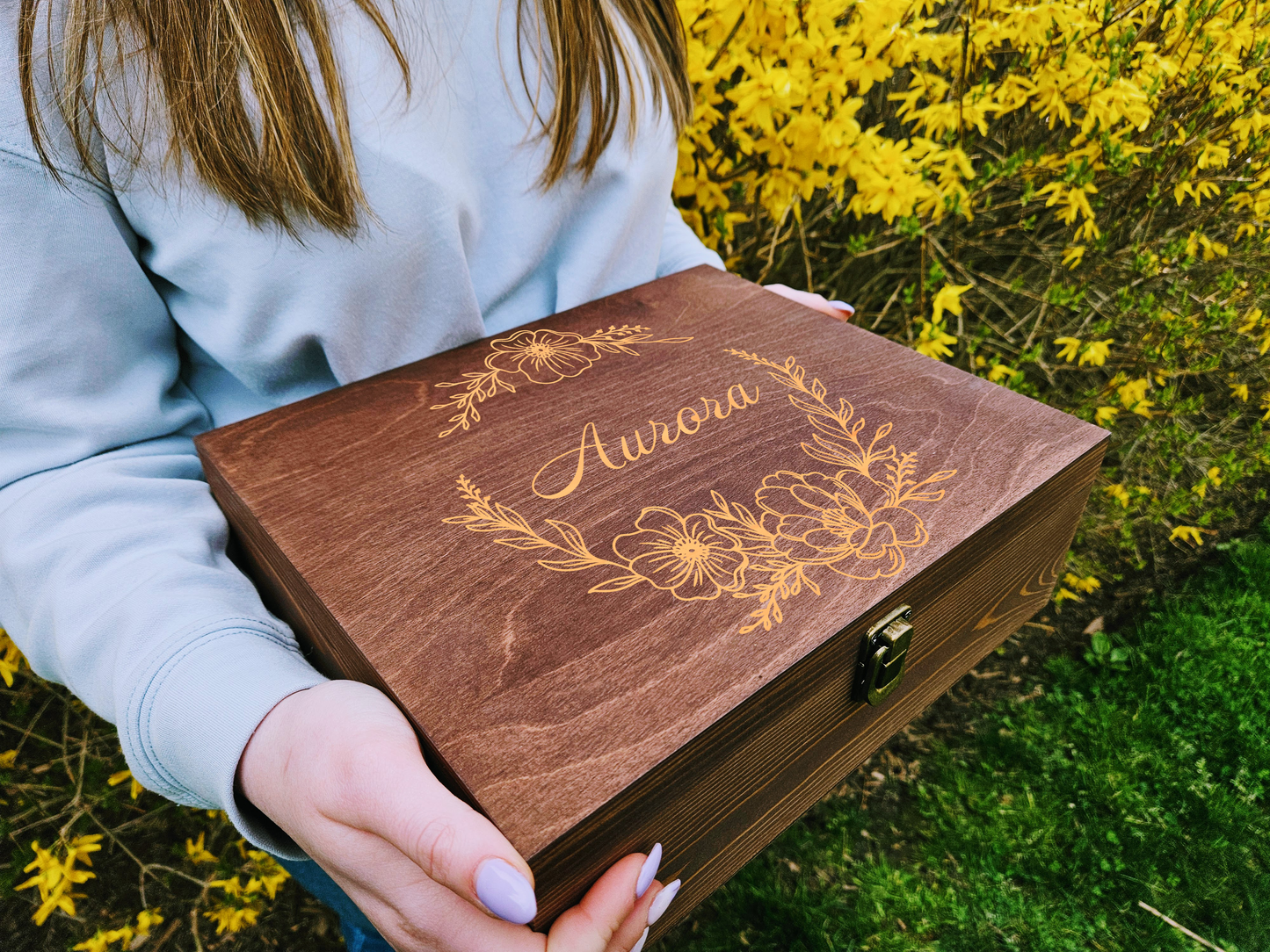 Personalized Floral Engraved Wooden Keepsake Box - Custom Memory Box