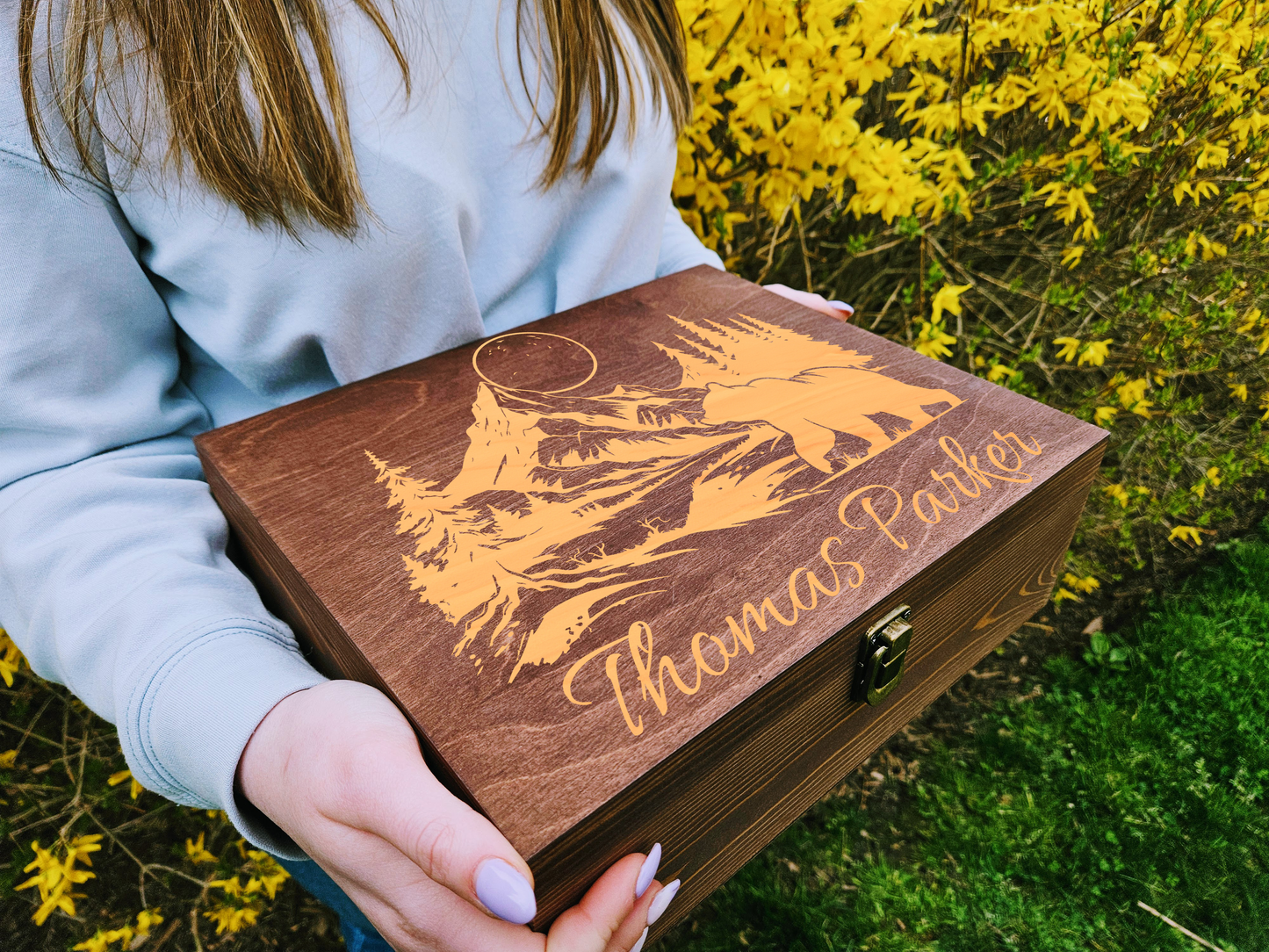 Engraved Wooden Memory Box: Mountain Bear Keepsake