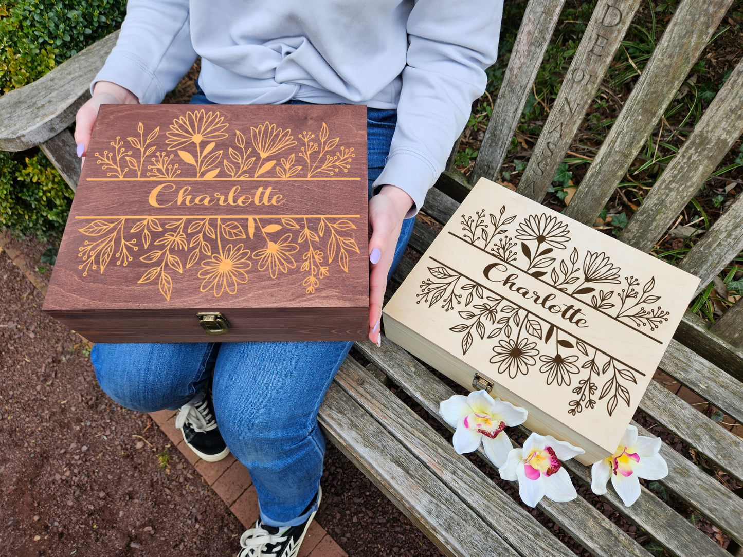 Personalized Floral Engraved Wooden Keepsake Box, Custom Name Gift