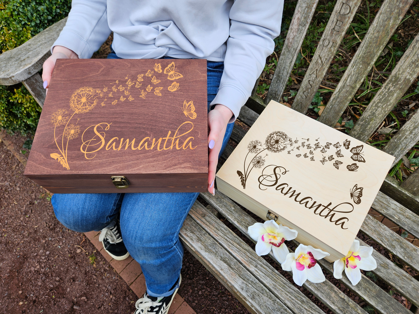 Engraved Wooden Keepsake Box, Dandelion & Butterflies Memory Box