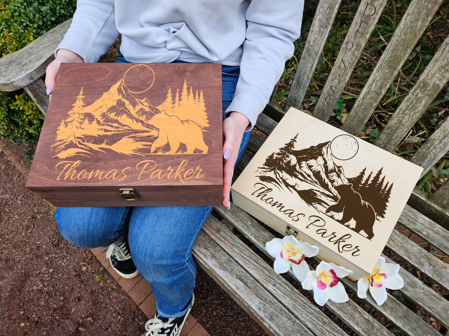 Engraved Wooden Memory Box: Mountain Bear Keepsake