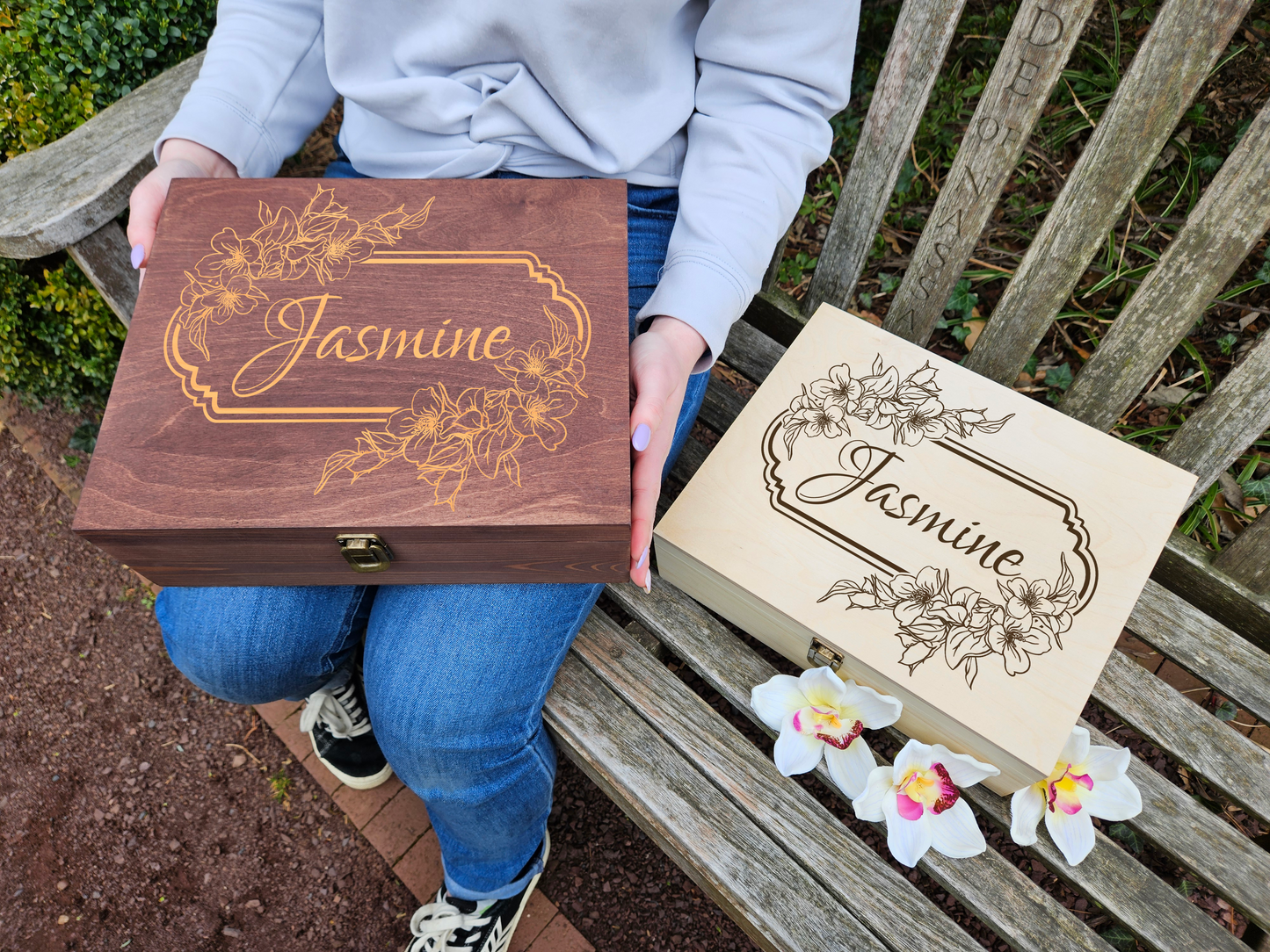 Personalized Jasmine Floral Wooden Keepsake Box, Engraved Memory Box