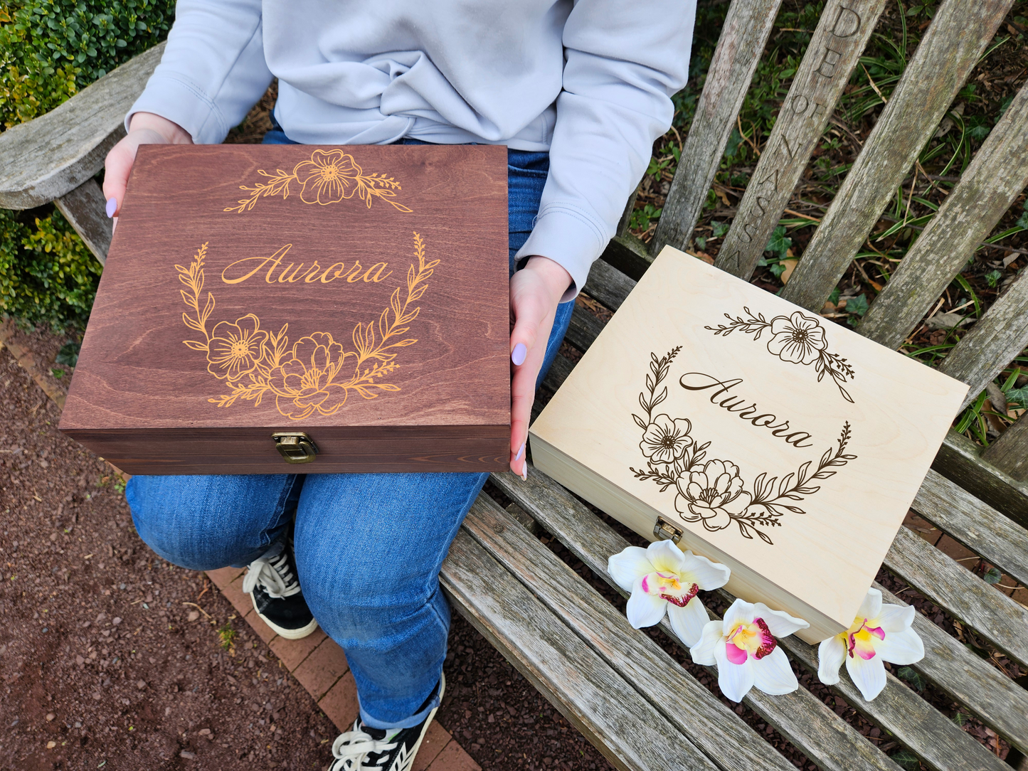 Personalized Floral Engraved Wooden Keepsake Box - Custom Memory Box