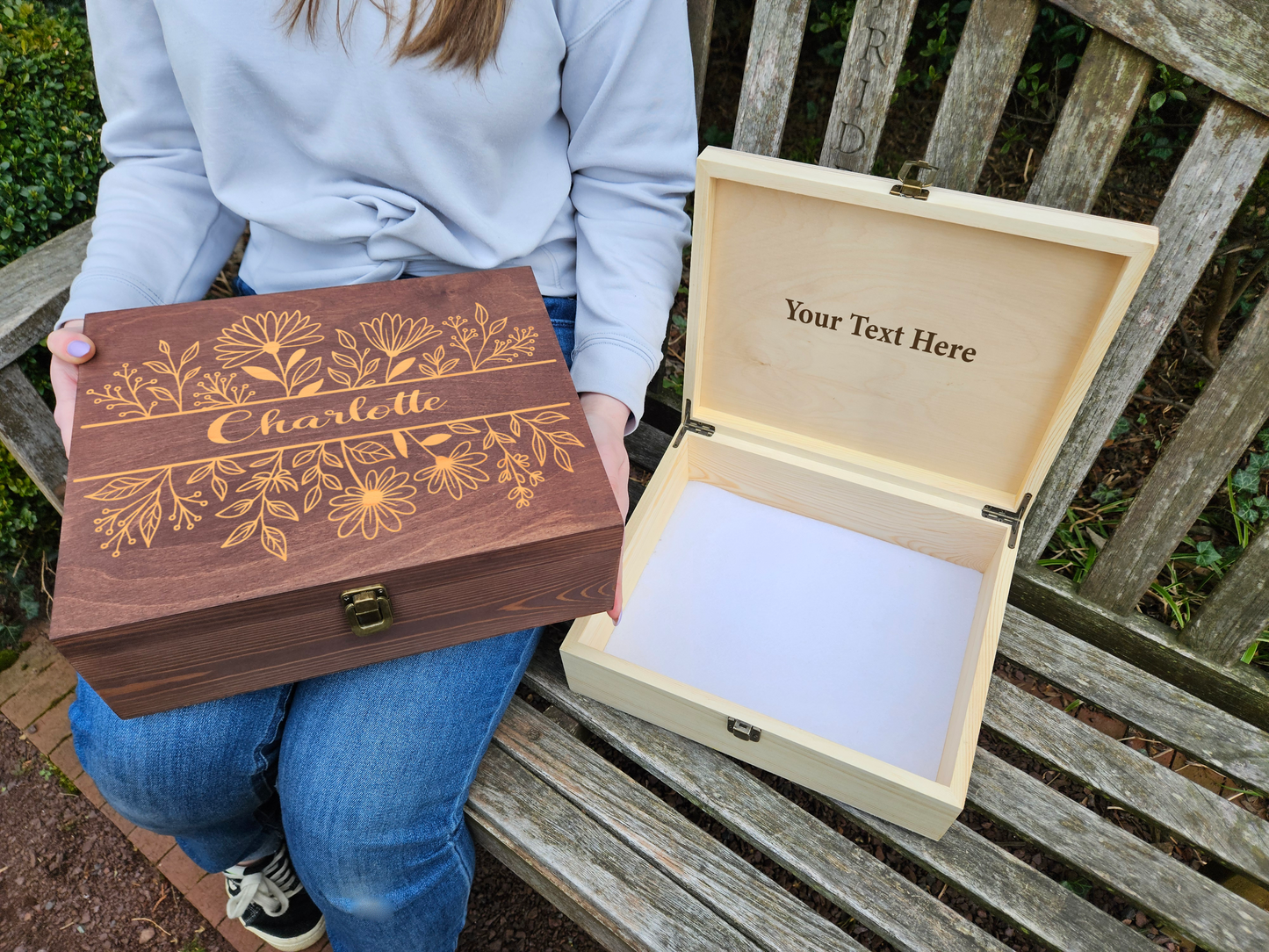 Personalized Floral Engraved Wooden Keepsake Box, Custom Name Gift