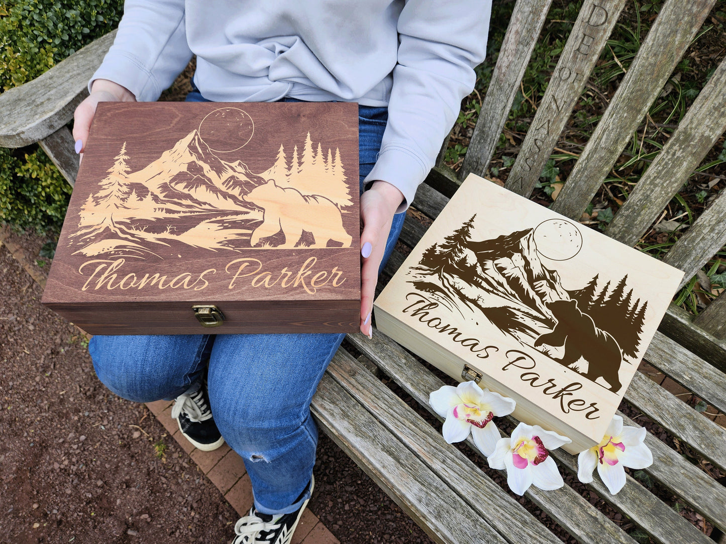 Engraved Wooden Memory Box: Mountain Bear Keepsake