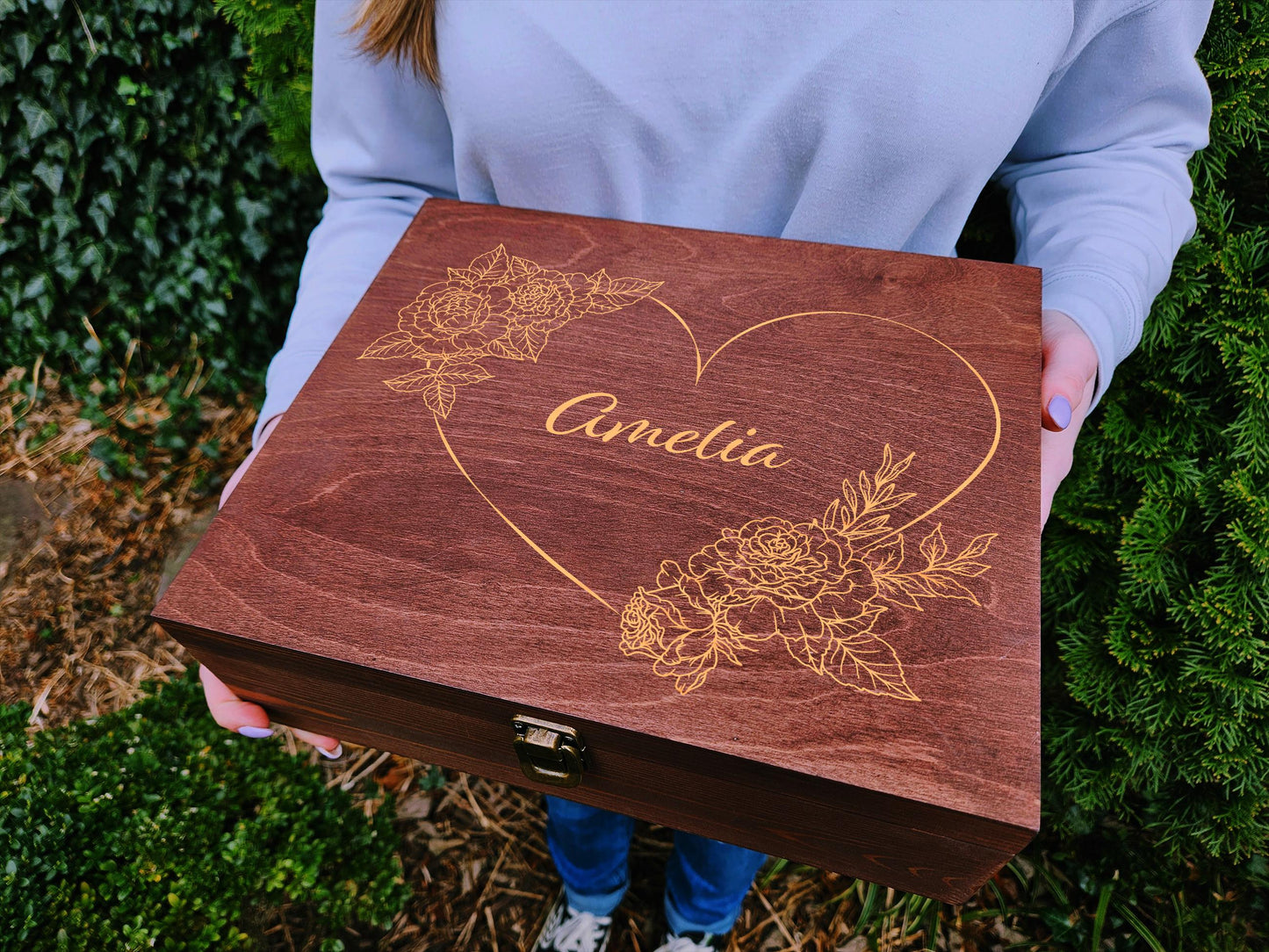 Engraved Floral Wooden Keepsake Box, Personalized Memory Box