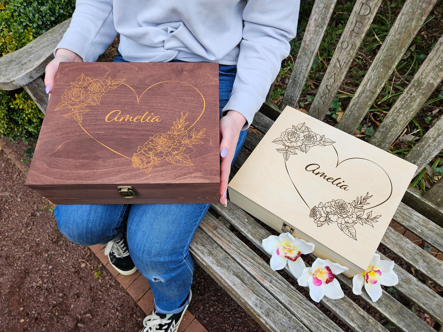 Engraved Floral Wooden Keepsake Box, Personalized Memory Box