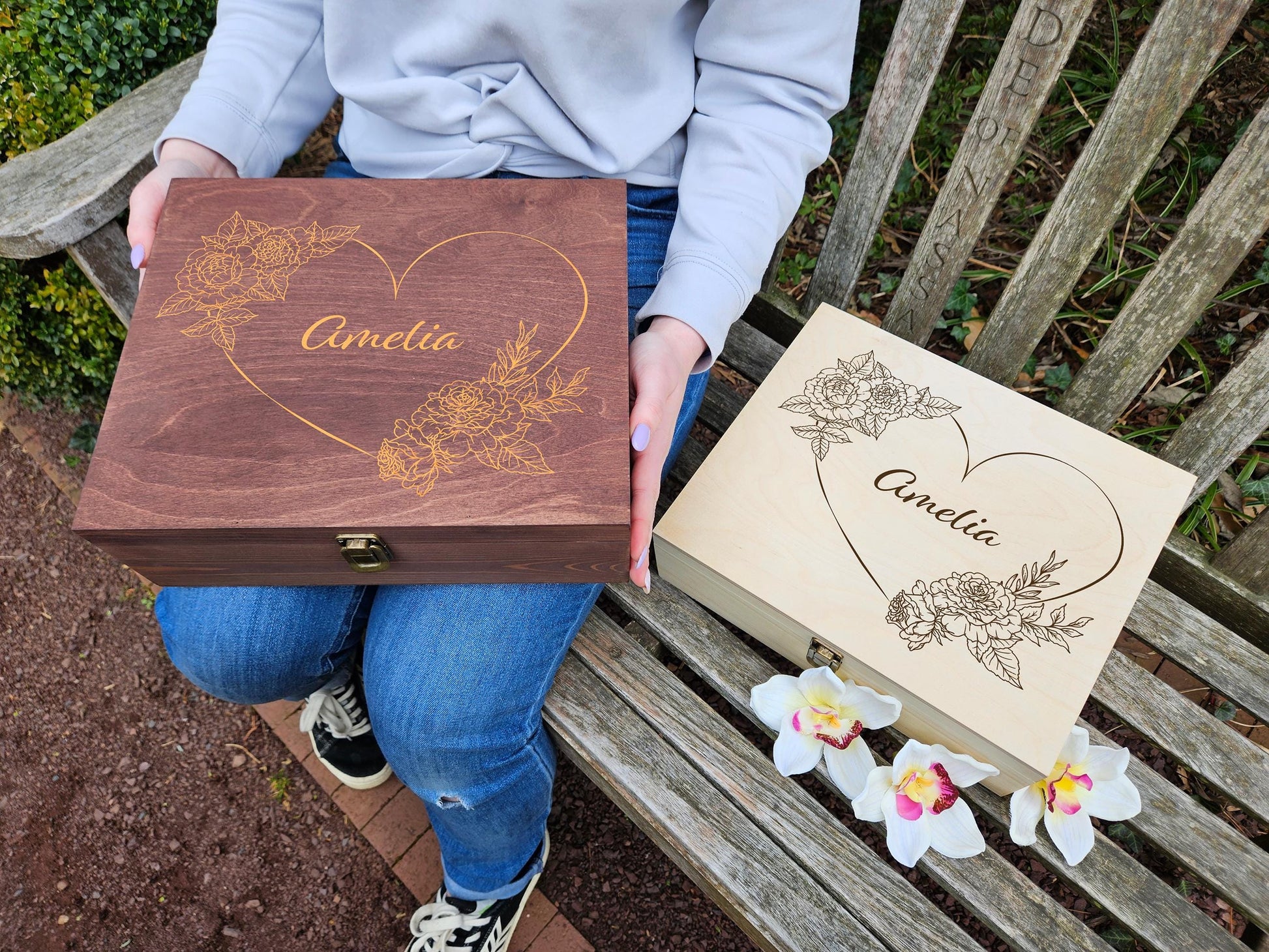 Engraved Floral Wooden Keepsake Box, Personalized Memory Box