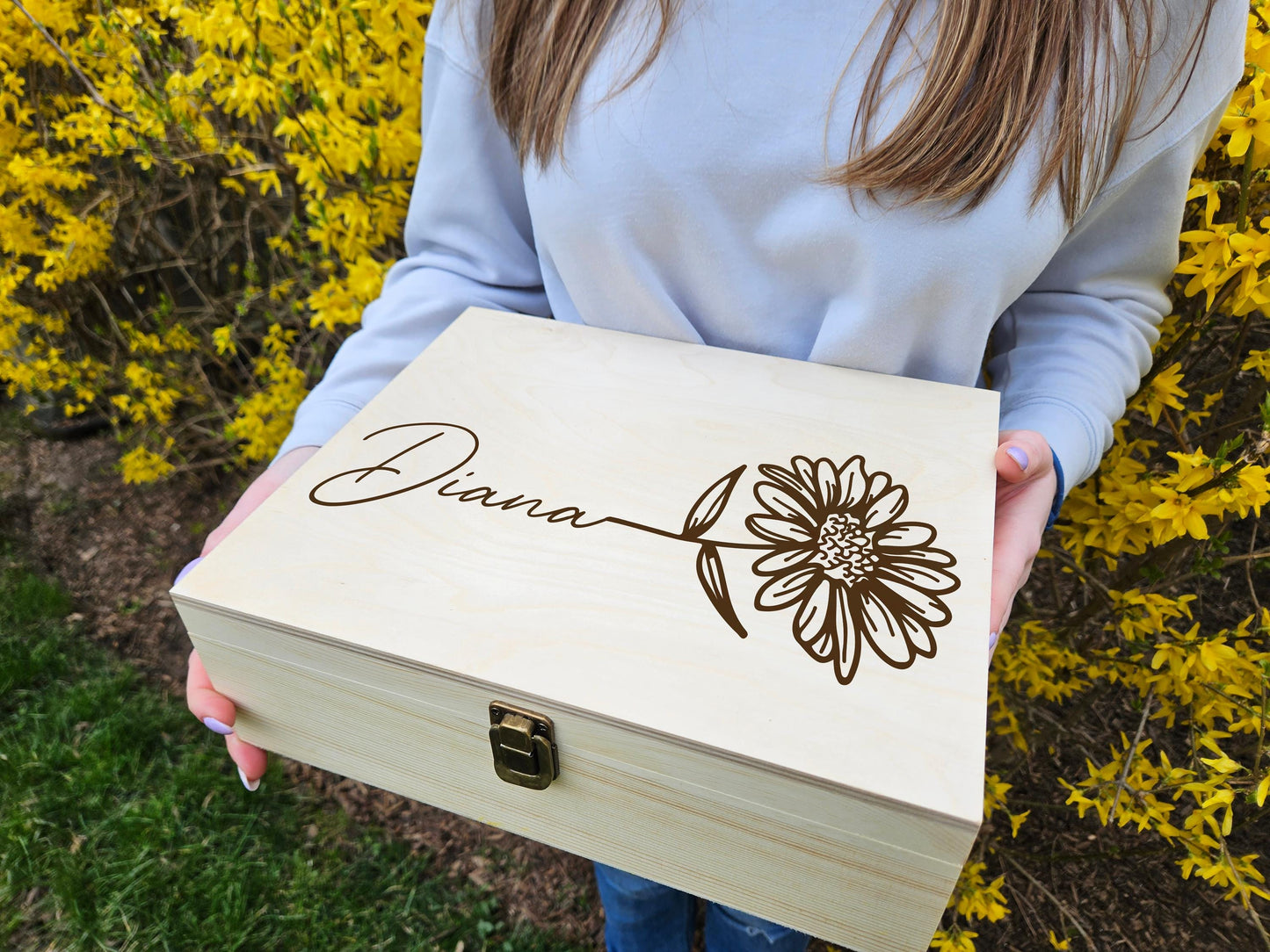 Engraved Wooden Keepsake Box: Floral Memory Box
