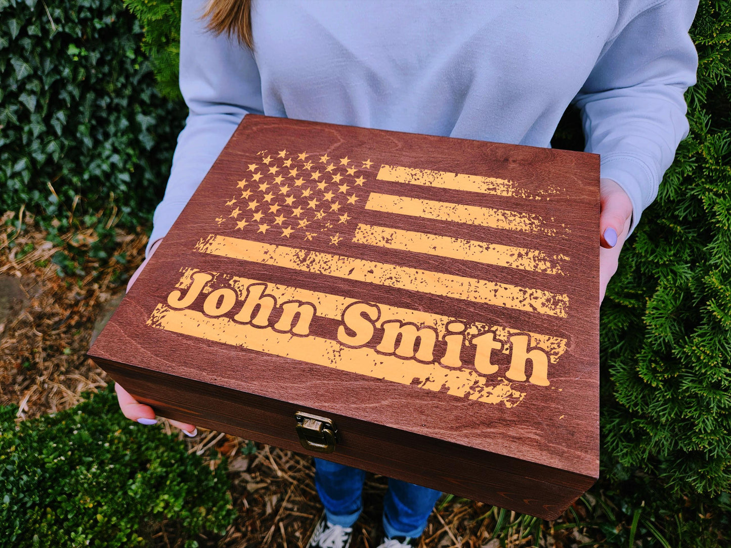 Personalized American Flag Keepsake Box: Engraved Wood Memory Box