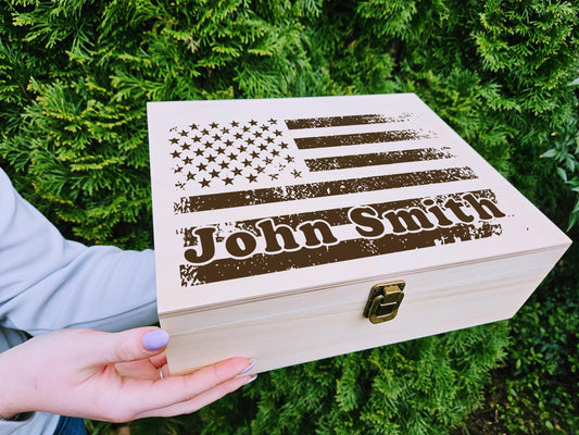 Personalized American Flag Keepsake Box: Engraved Wood Memory Box