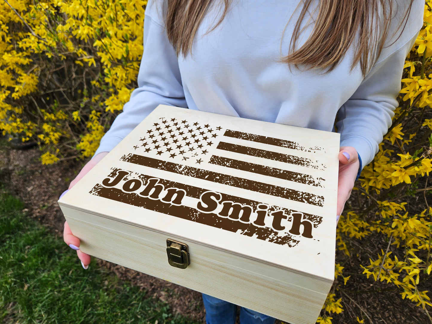 Personalized American Flag Keepsake Box: Engraved Wood Memory Box