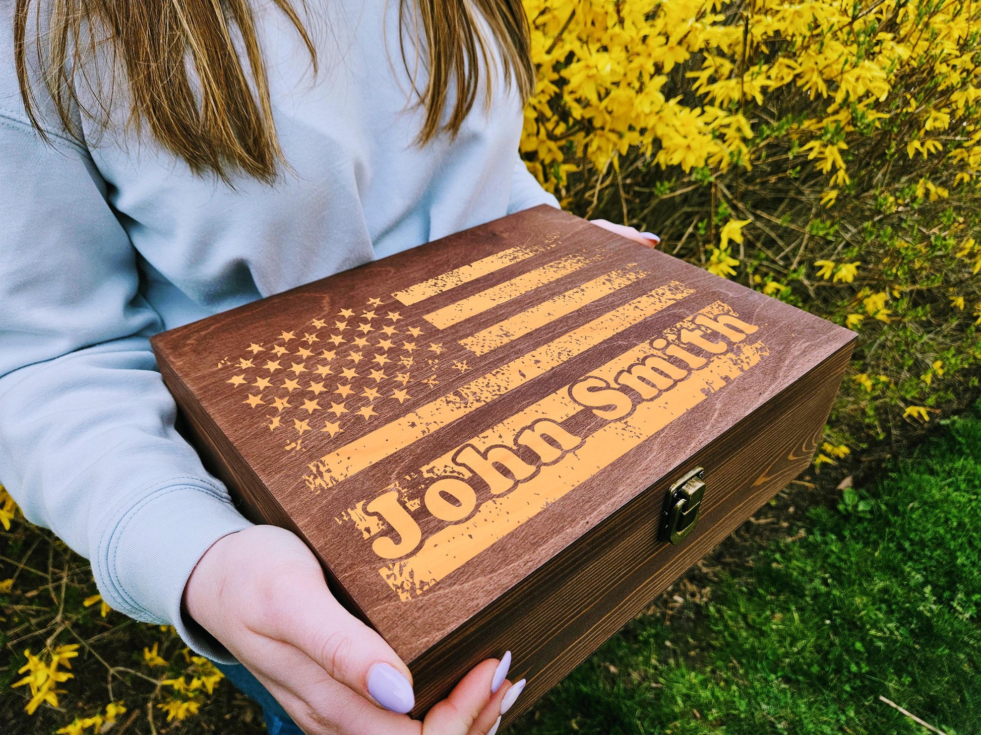 Personalized American Flag Keepsake Box: Engraved Wood Memory Box