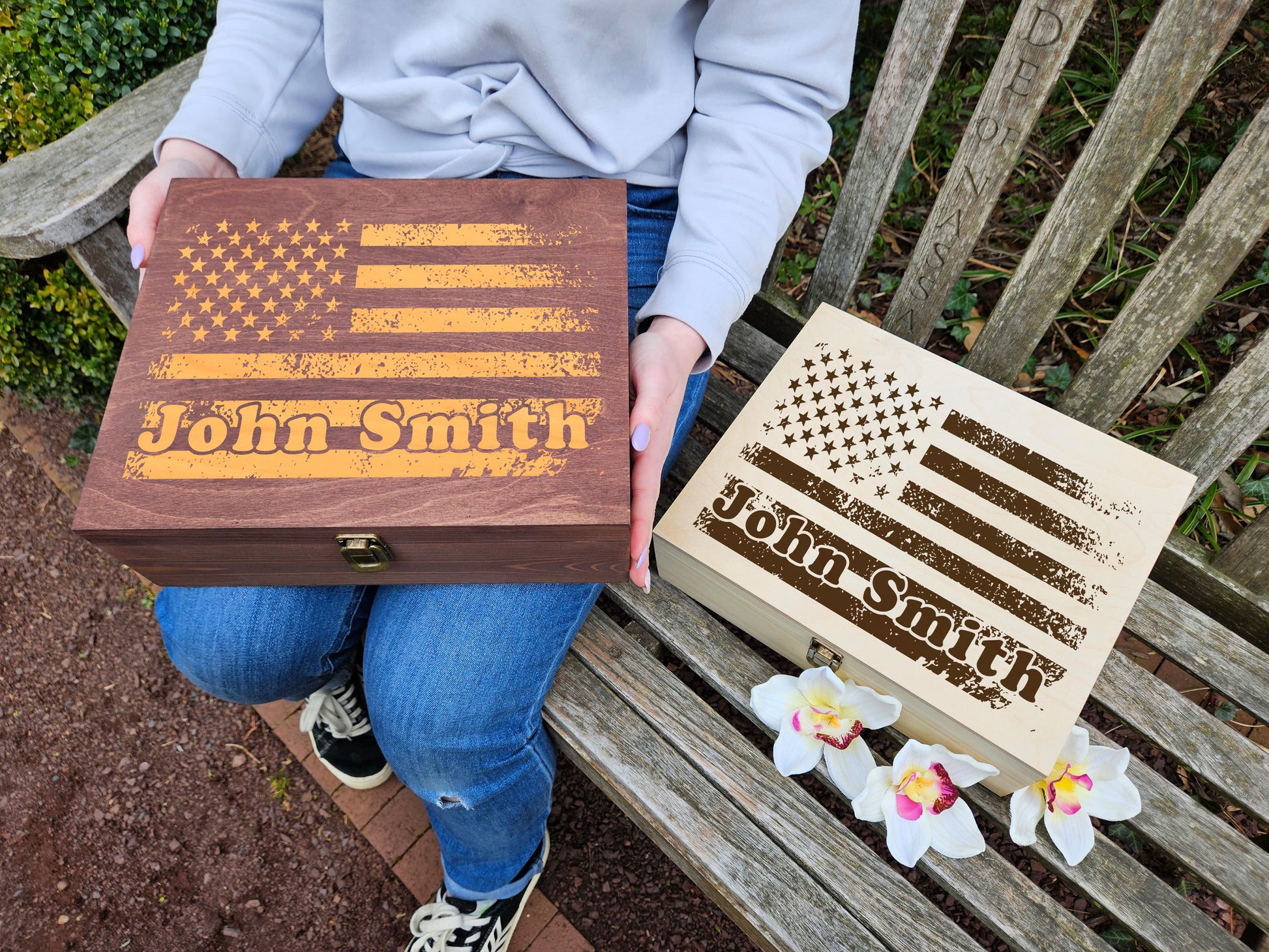 Personalized American Flag Keepsake Box: Engraved Wood Memory Box