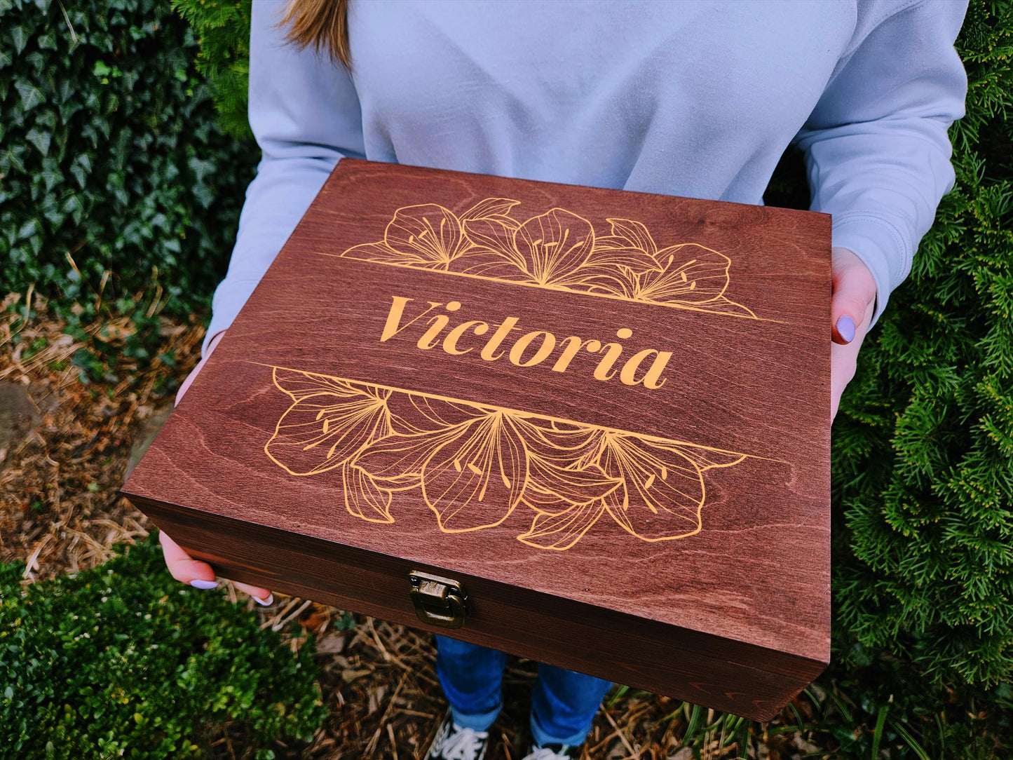 Engraved Wooden Keepsake Box: Floral Memory Box