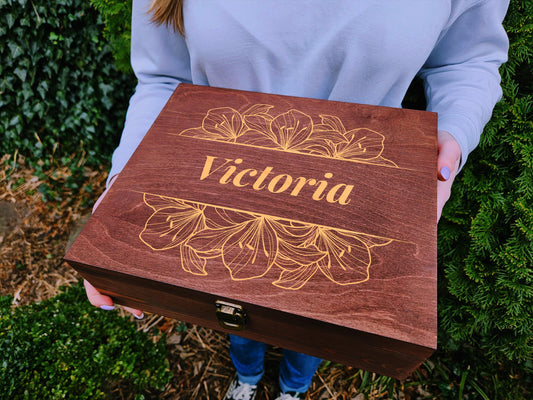 Engraved Wooden Keepsake Box: Floral Memory Box