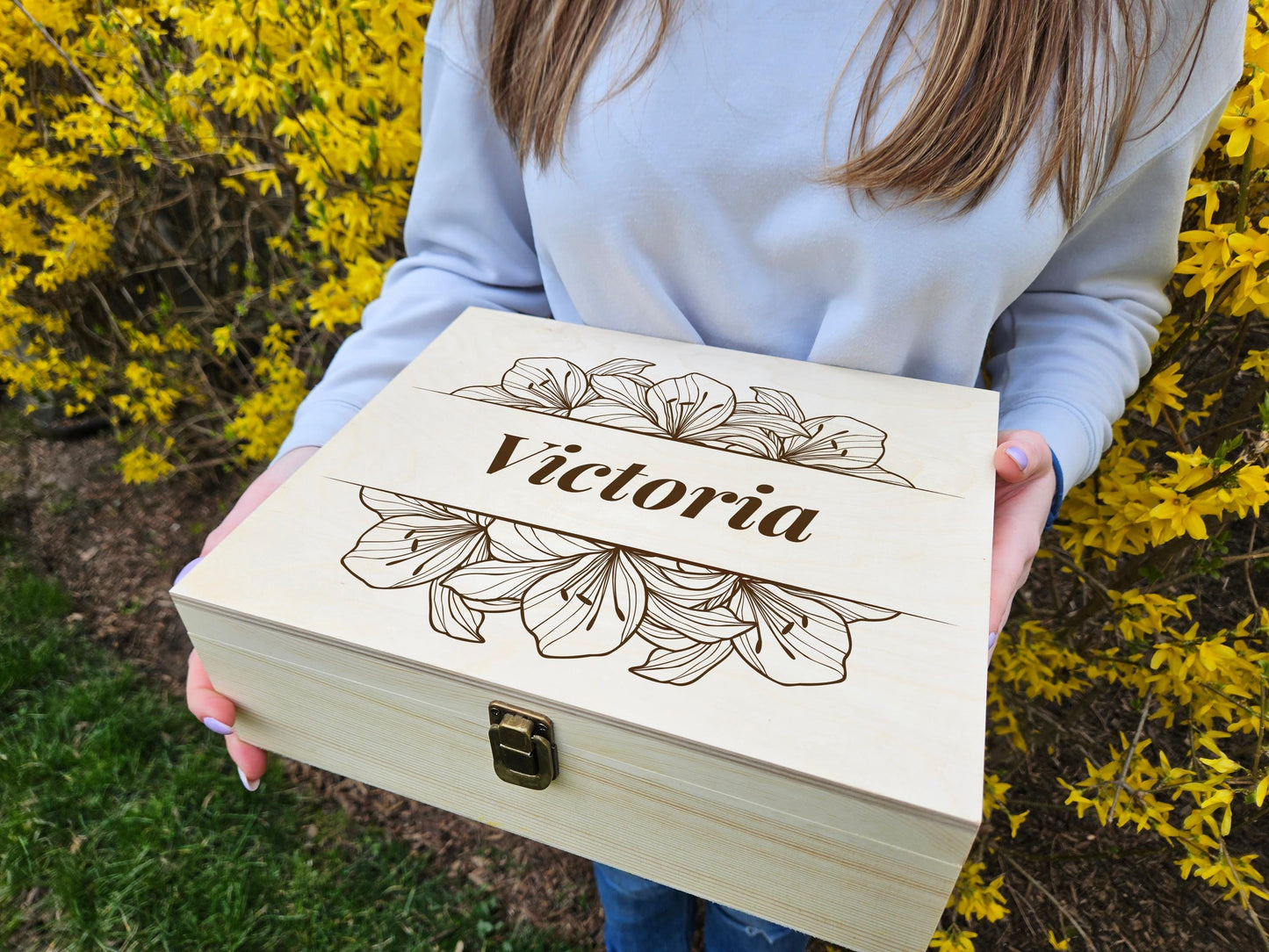 Engraved Wooden Keepsake Box: Floral Memory Box