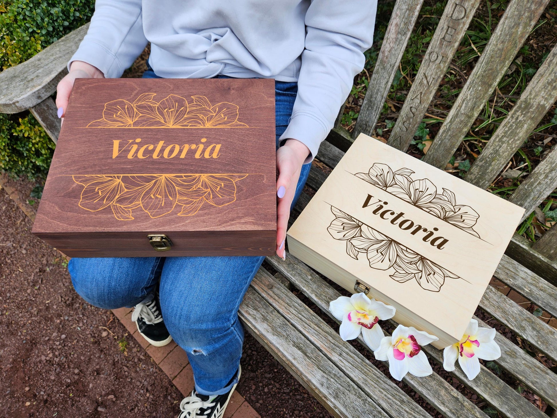 Engraved Wooden Keepsake Box: Floral Memory Box