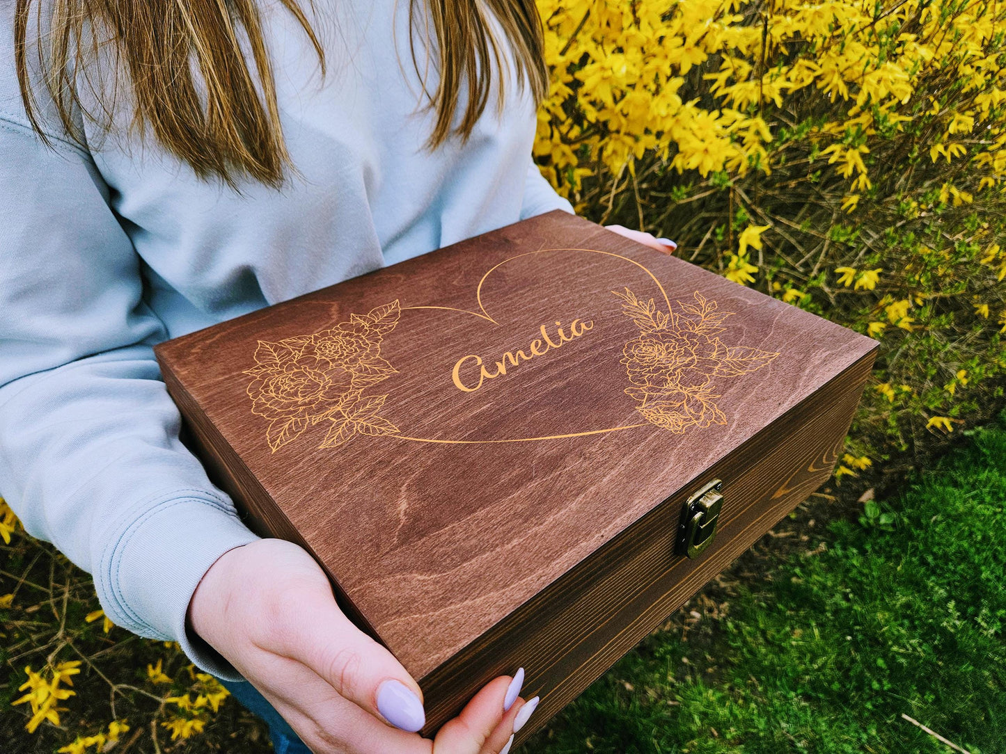 Engraved Floral Wooden Keepsake Box, Personalized Memory Box