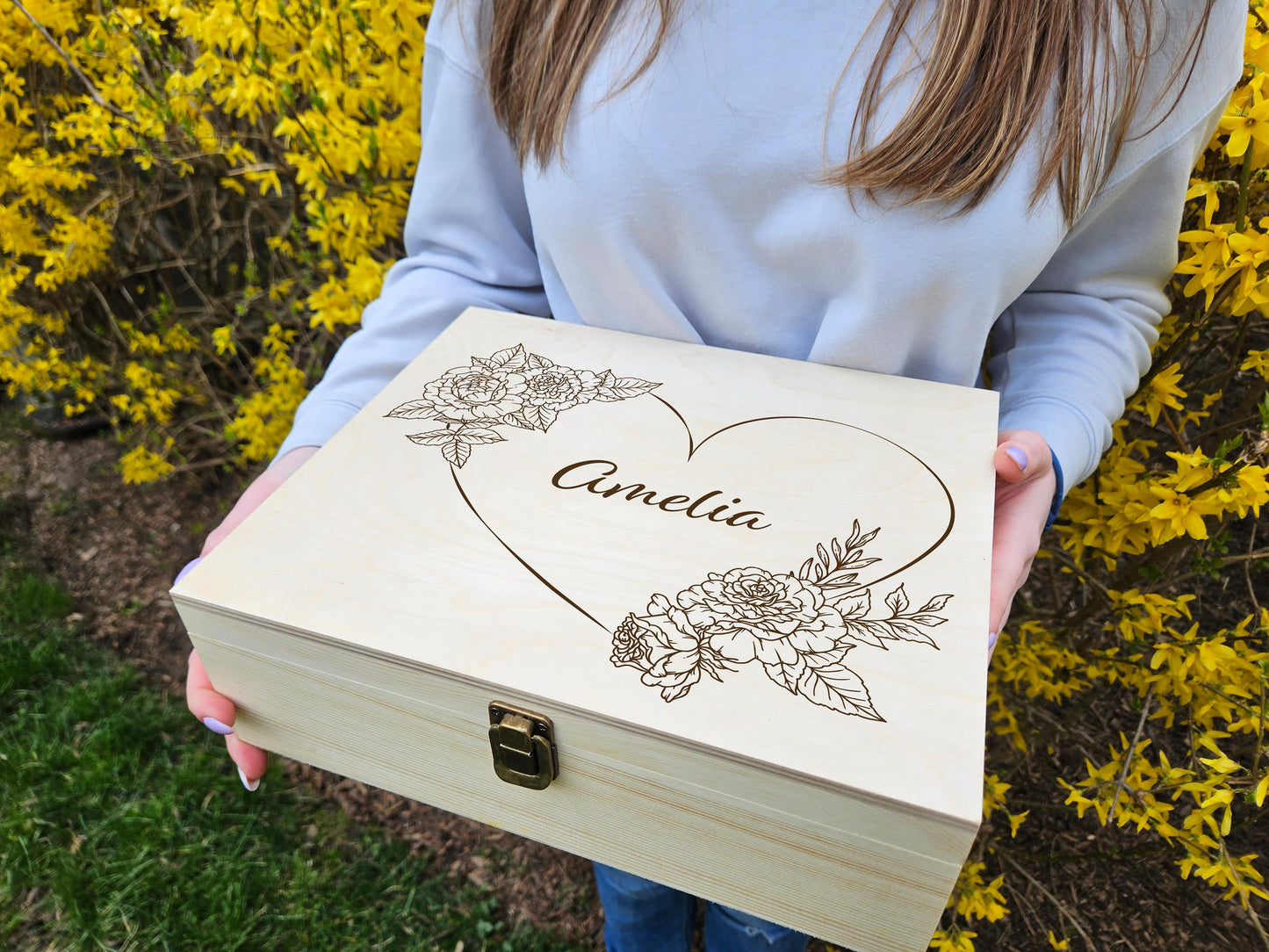 Engraved Floral Wooden Keepsake Box, Personalized Memory Box
