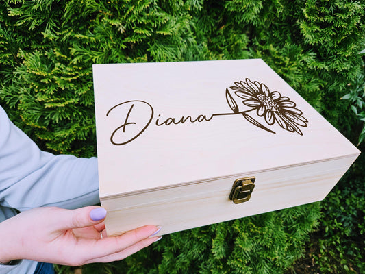 Engraved Wooden Keepsake Box: Floral Memory Box