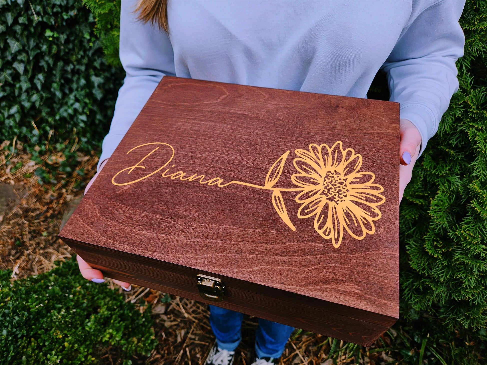 Engraved Wooden Keepsake Box: Floral Memory Box
