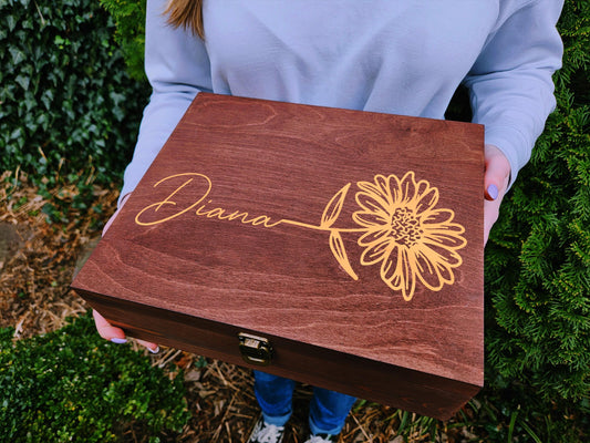 Engraved Wooden Keepsake Box: Floral Memory Box