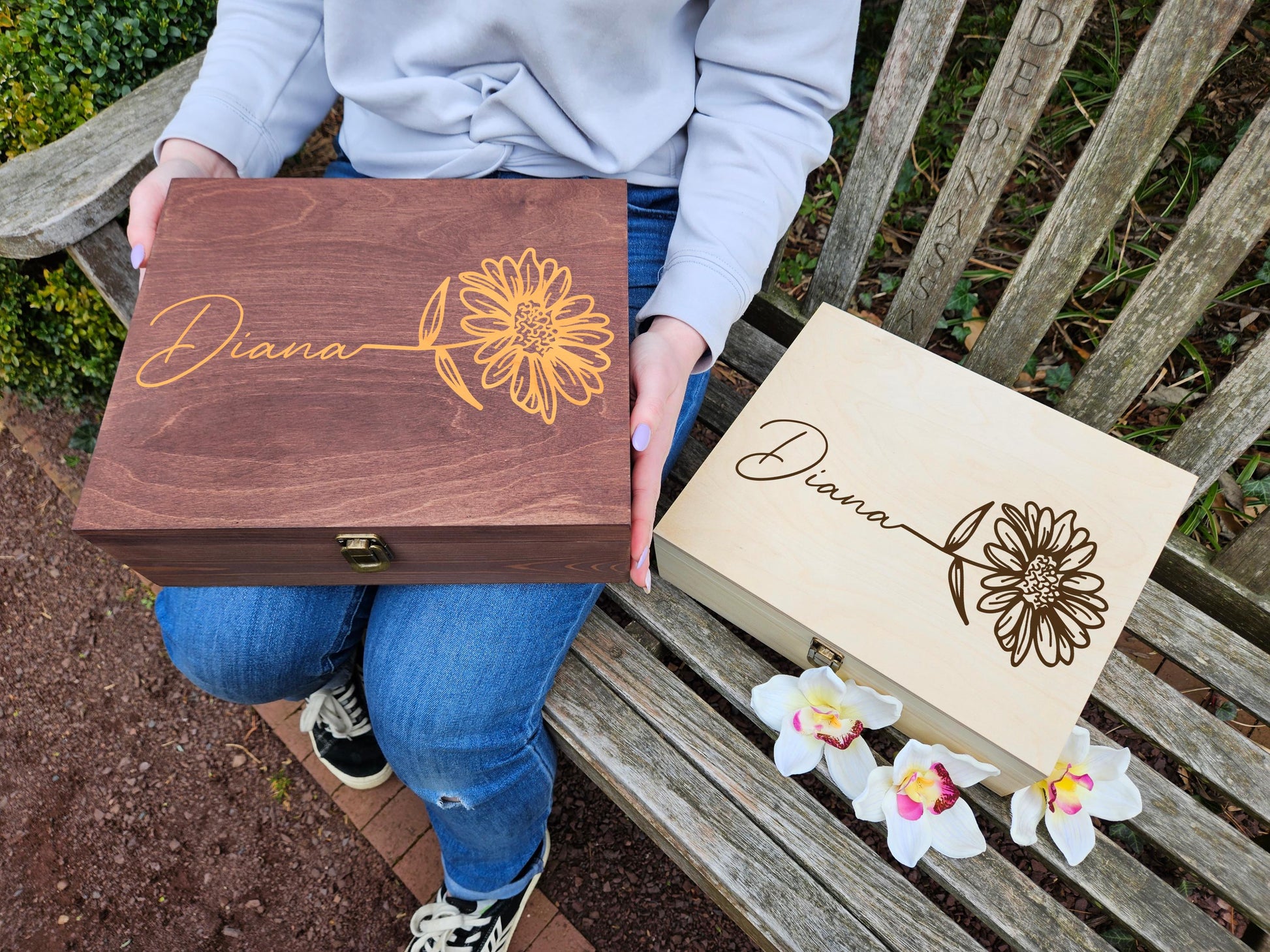 Engraved Wooden Keepsake Box: Floral Memory Box