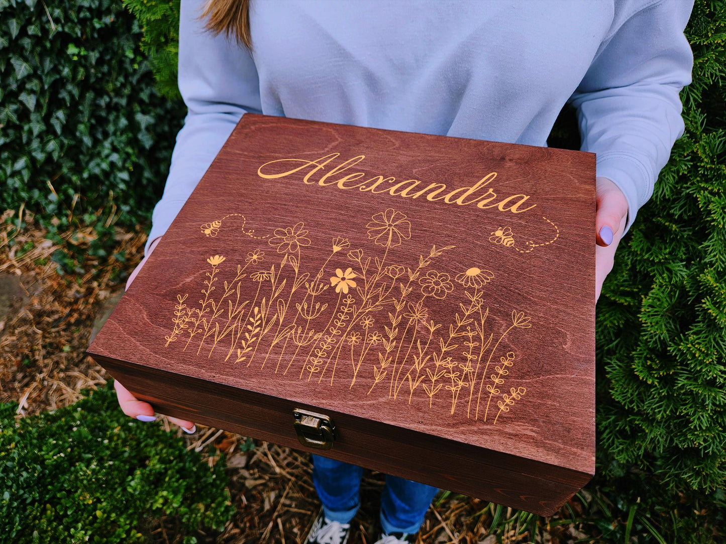 Personalized Pine Wood Keepsake Box: Floral Bee Engraved Memory Box